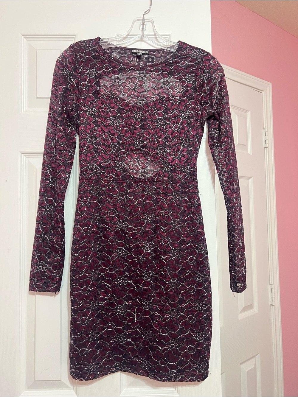 Express Burgundy Floral Lace Long Sleeve Bodycon Dress XS
